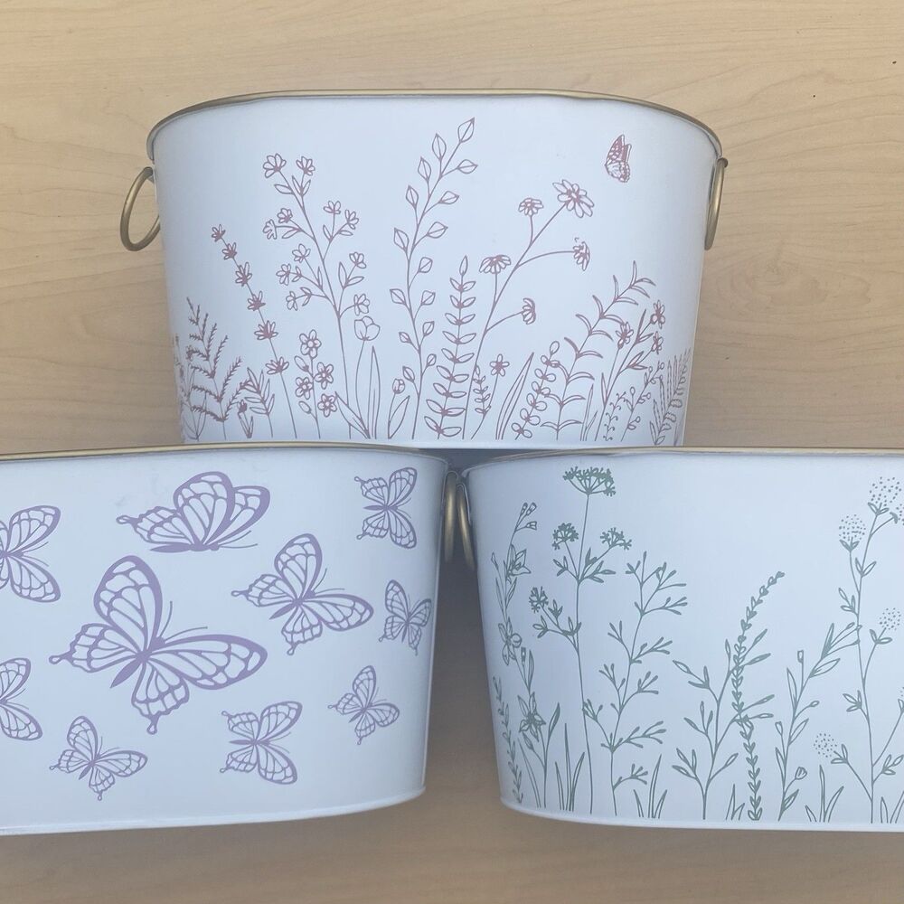 3 Metal Tins Bins Baskets Planter Garden Butterflies Floral Spring Summer Decor